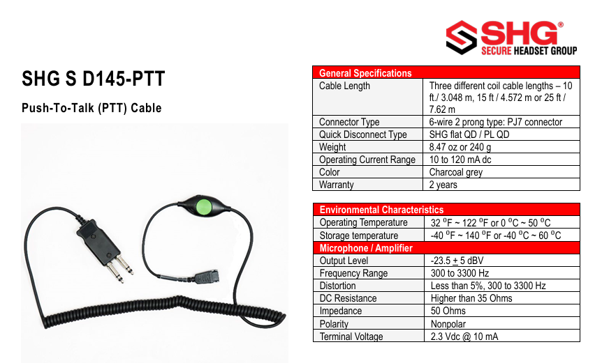Câble Push-to-Talk SHG S-D145-PTT-AMP – Câble de communication compatible amplificateur